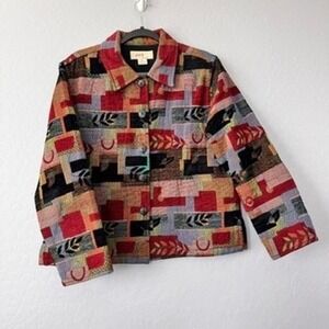 Anu By Natural Medium Geometric Patchwork Jacket 100 Cotton Women Red Multicolor